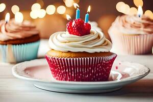 cupcakes with candles on a plate. AI-Generated photo