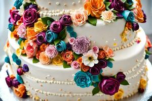 a three tiered cake with colorful flowers on top. AI-Generated photo