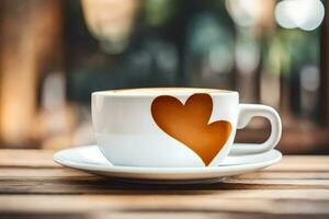 café taza con corazón forma en el platillo. generado por ai foto