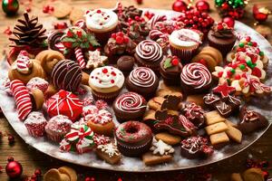 Navidad galletas y pasteles en un plato. generado por ai foto