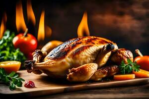 a roasted chicken on a cutting board with vegetables. AI-Generated photo