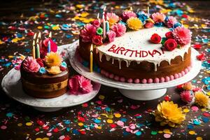 a birthday cake with candles and confetti. AI-Generated photo