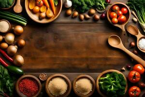 a wooden frame with various vegetables and spices. AI-Generated photo