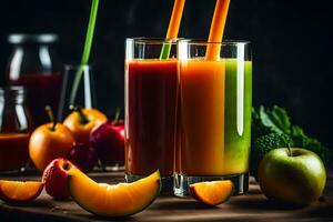 dos lentes de jugo con Fruta y vegetales. generado por ai foto