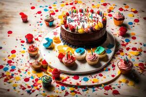 a birthday cake with cupcakes and confetti. AI-Generated photo