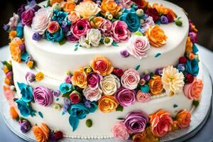 a cake decorated with colorful flowers. AI-Generated photo