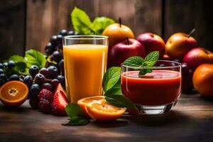 fresh fruit and juice on a wooden table. AI-Generated photo