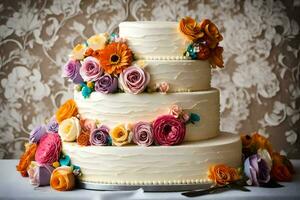 a three tiered cake with colorful flowers on top. AI-Generated photo