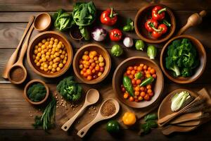 a variety of vegetables and spices in wooden bowls. AI-Generated photo