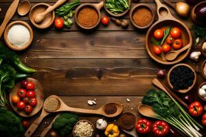 a wooden background with many different types of food. AI-Generated photo