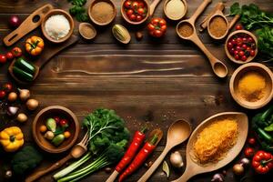 various spices and ingredients are arranged in a circle. AI-Generated photo