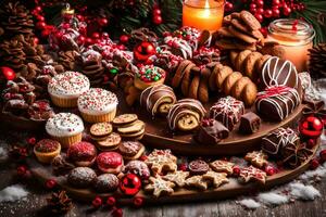 Navidad galletas y pasteles en un de madera mesa. generado por ai foto