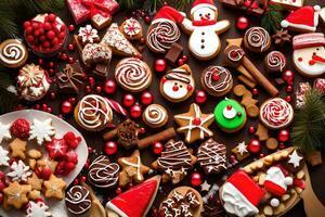 Navidad galletas y decoraciones en un mesa. generado por ai foto