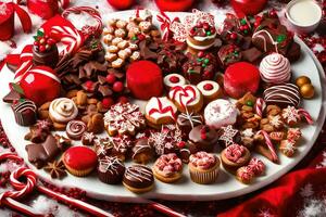 a platter of christmas sweets on a white background. AI-Generated photo