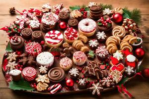 a platter of christmas cookies and cakes on a wooden table. AI-Generated photo