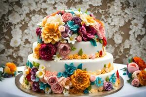 a wedding cake with colorful flowers on top. AI-Generated photo