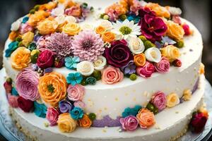 a cake with colorful flowers on top. AI-Generated photo