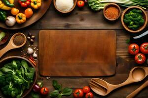 a wooden cutting board surrounded by various vegetables and spices. AI-Generated photo