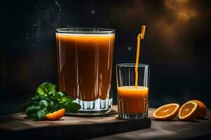 naranja jugo en un vaso y un vaso de naranja jugo. generado por ai foto