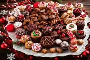 a platter of christmas treats on a wooden table. AI-Generated photo