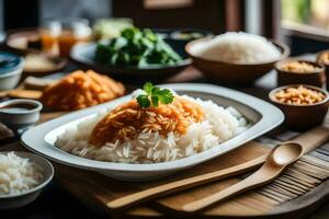 a table with bowls of rice, chopsticks and other utensils. AI-Generated photo