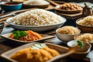 various types of rice dishes on a table. AI-Generated photo