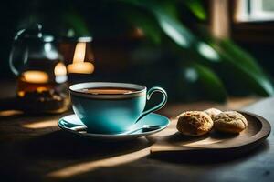 a cup of tea and cookies on a wooden table. AI-Generated photo