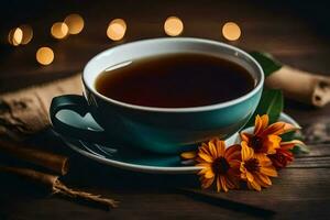 a cup of tea with flowers and cinnamon sticks. AI-Generated photo