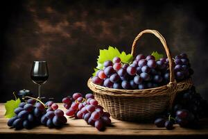 grapes in a basket and a glass of wine on a table. AI-Generated photo