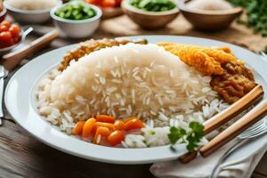 a plate of rice with vegetables and meat. AI-Generated photo