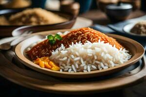 a plate of rice and meat with a side of rice. AI-Generated photo