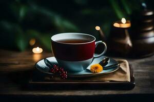 a cup of tea on a wooden table with candles and flowers. AI-Generated photo