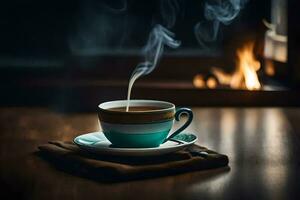 a cup of coffee in front of a fireplace. AI-Generated photo
