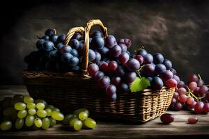 grapes in a basket on a dark background. AI-Generated photo