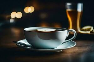 a cup of tea sits on a table with a glass of beer. AI-Generated photo