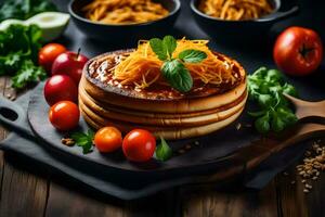 a stack of pancakes with cheese and tomatoes on a wooden board. AI-Generated photo