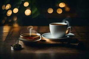 a cup of tea on a wooden table with a bokeh background. AI-Generated photo