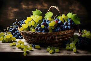 grapes in a basket on a table. AI-Generated photo