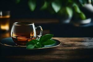 a cup of tea on a wooden table. AI-Generated photo