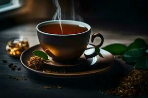 a cup of tea with a cup of tea on a wooden table. AI-Generated photo