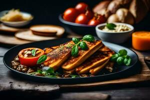 grilled tofu with tomatoes and herbs on a black plate. AI-Generated photo