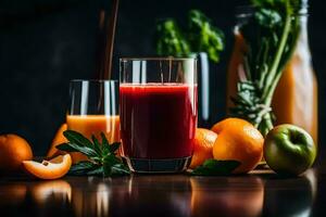 a glass of juice with oranges and apples. AI-Generated photo