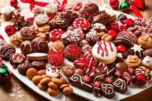 a platter of christmas chocolates and cookies. AI-Generated photo