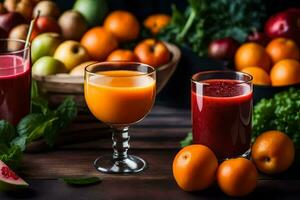 a variety of juices and fruits are shown. AI-Generated photo