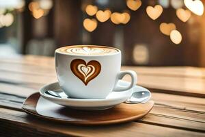 un taza de café con corazón conformado latté Arte en el mesa. generado por ai foto