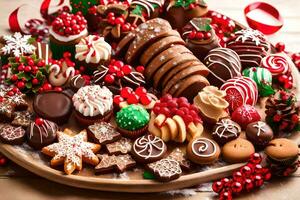 un plato de Navidad galletas y dulces. generado por ai foto