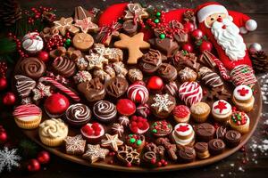 a large plate of christmas cookies and candies. AI-Generated photo