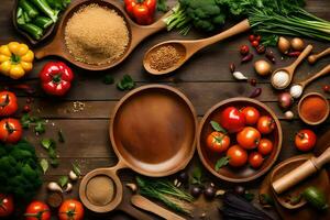 various vegetables and spices are arranged on a wooden table. AI-Generated photo