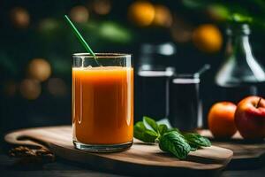 un naranja jugo con un Paja y un manzana en un corte tablero. generado por ai foto