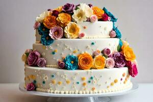 a three tiered cake with colorful flowers. AI-Generated photo